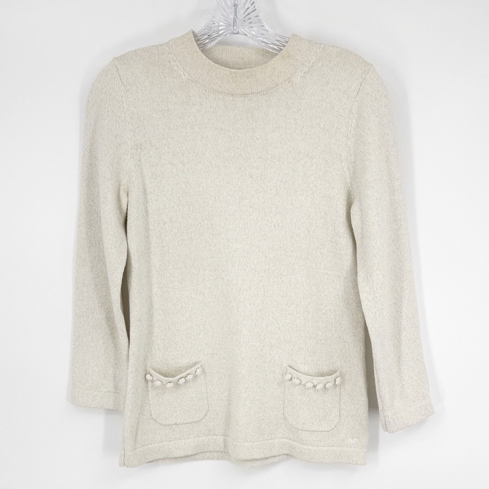 Vineyard Vines Womens Metallic Knit Pom Pom Pocket Sweater Cream Gold Small